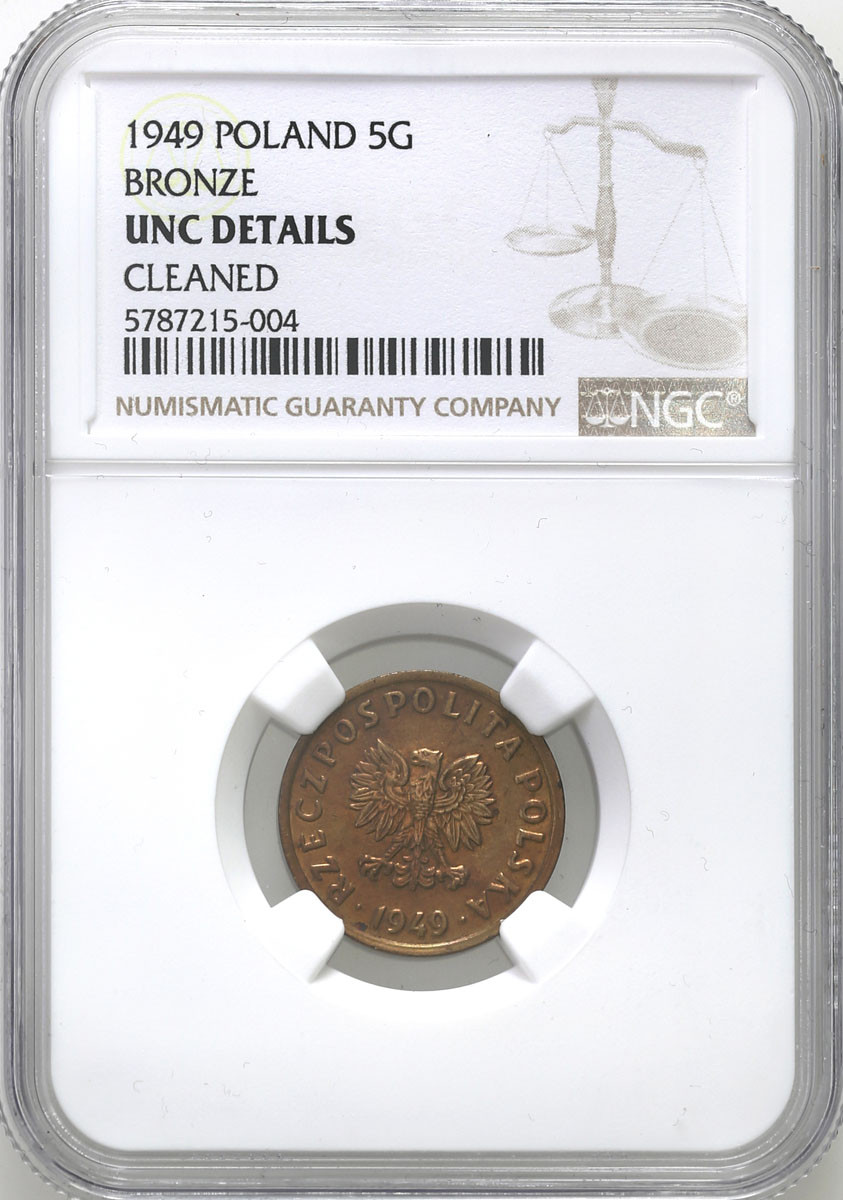 PRL. 5 groszy 1949 brąz NGC UNC